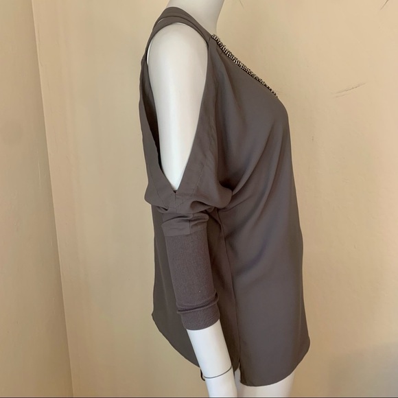 JUICY COUTURE Embellished Silky Cold Shoulder V-Neck Blouse Gray - Picture 5 of 15